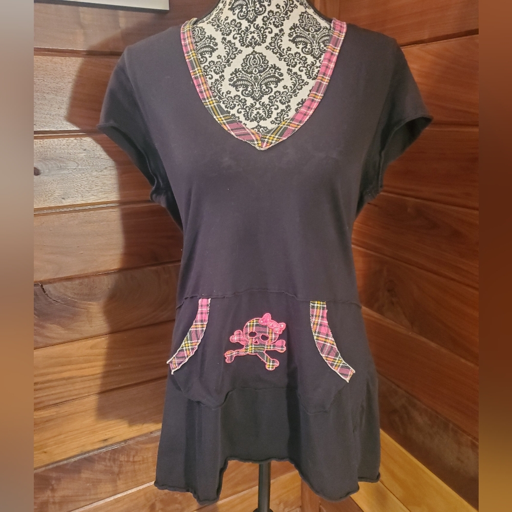Y2K Pink Cookie Black Pink Gothic Skull  Hoodie Tunic Shirt Top XL Extra Large